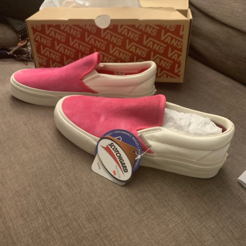 Vans Classic Slip Ons Pink Suede White Leather